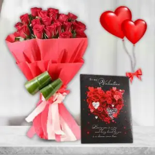 Bunch of 20 red roses with valentine day card with 2 heart shape balloons 