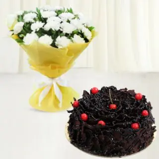 Bunch of 20 white carnations with chocolate fantasy cake 