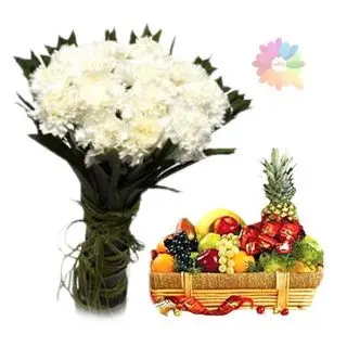 bunch of 20 white carnations with 3 kg seasonal fruits basket with 10 assorted chocolates