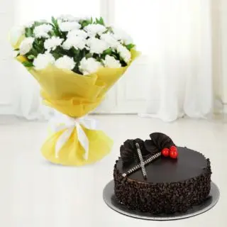 Bunch of 20 white carnations with choco chips cake 