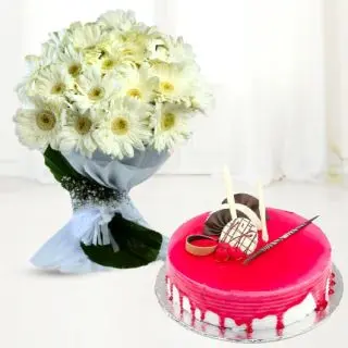 Bunch of 20 white gerberas with strawberry cool cake 
