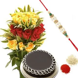 bunch of 24 red and yellow roses with 1 kg chocolate cake with 1 rakhi and roli chawal