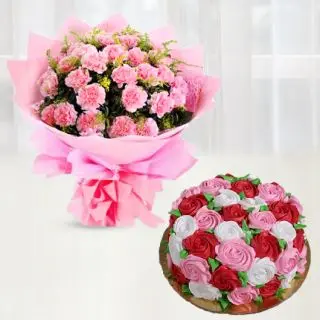 Bunch of 25 pink carnations with rose theme cake in pineapple flavour 