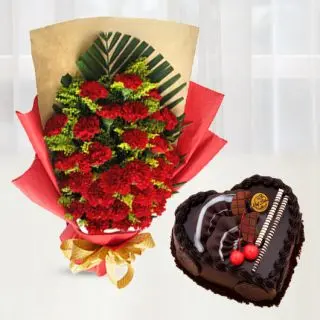 Bunch of 25 red carnations with heart shape chocolate fantasy cake 