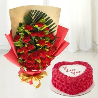 Bunch of 25 red carnations with red velvet heart shape floral theme cake 