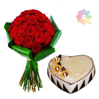 Bunch of 30 red roses with 1 kg heart shape butterscotch cake