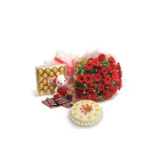 Bunch of 30 red roses with 24 pcs ferrero rocher with 6 inch teddy with 5 assorted cadburies and half kg pineapple cake