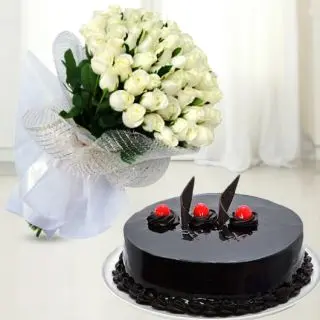 Bunch of 40 white roses with chocolate truffle cool cake 