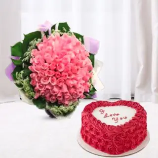 Bunch of 50 pink roses with heart shape red velvet cake 