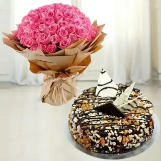 Bunch of 50 pink roses with dry fruit cakes