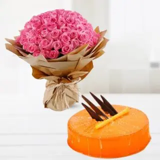 Bunch of 50 pink roses with half kg orange cool cake 