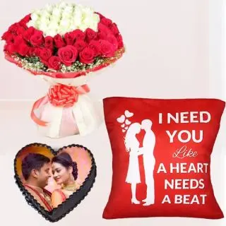 Bunch of 50 red and white roses, 1 kg heart shape photo cake with  photo cushion 