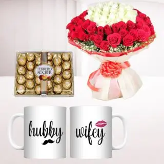 Bunch of 50 red and white roses, 24 pcs rocher ferrero chocolates, set of 2 photo mug 