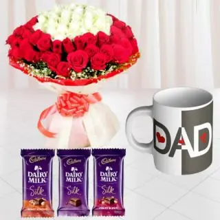 Bunch of 50 red and white roses, photo mug with set of 3 dairy milk silk chocolates 