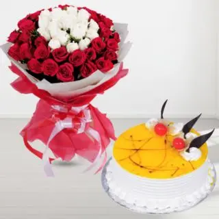 Bunch of 50 red and white roses with fresh cream pineapple cool cake 