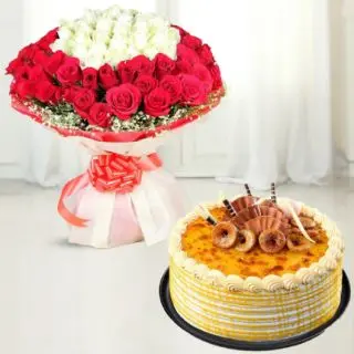 Bunch of 50 red and white roses with honey cool cake 