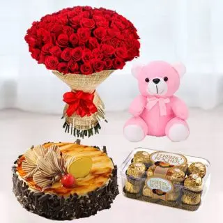 bunch of 50 red roses, 6 inch teddybear, irish coffee cake,16 pcs rocher ferrero chocolates 
