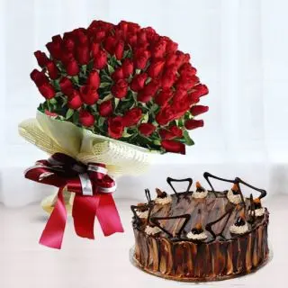 Bunch of 50 red roses with 1 kg irish chocolate cool cake 
