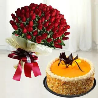 Bunch of 50 red roses with honey cool cake 