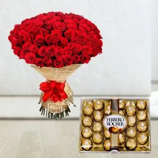 Bunch of 50 red roses with box of 24 pcs rocher ferrero chocolates 