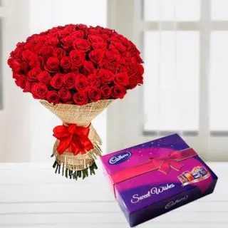 Bunch of 50 red roses with Box of celebration chocolates 