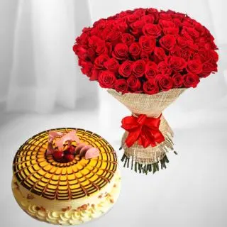 Bunch of 50 red roses with half kg butterscotch cool cake 