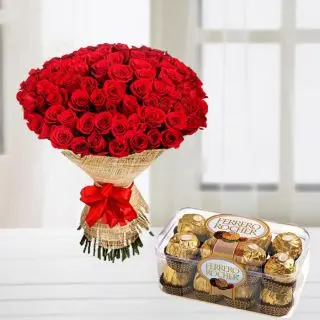 Bunch of 50 red roses with special packing with box of 16 pcs rocher ferrero chocolates 