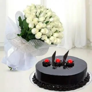Bunch of 50 white roses with chocolate truffle cake 