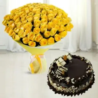Bunch of 50 yellow roses with chocolate cake 