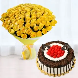 Bunch of 50 yellow roses with premium quality black forest cake 