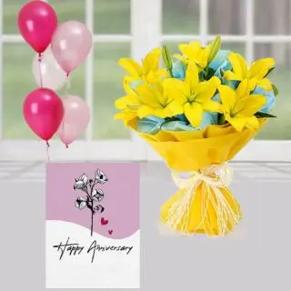 Bunch of 5 asiatic yellow lilies , 5 blown balloons with anniversary card 