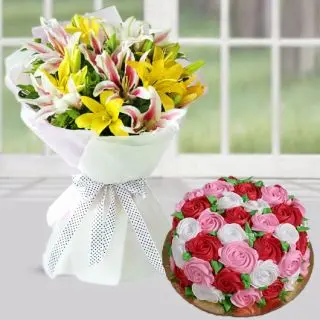 Bunch of 5 mix colour lilies with floral theme vanilla cool cake 