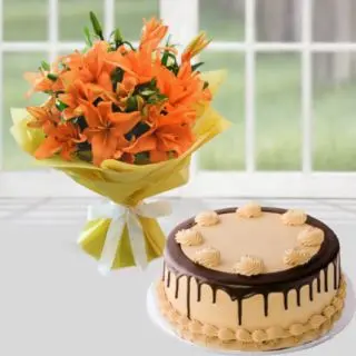 Bunch of 5 orange lilies with chocolate cake 
