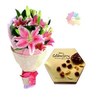 Bunch of 5 pink asiatic lilies with cadburys premium chocolate box