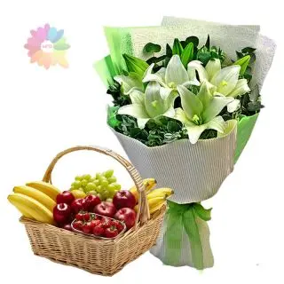 bunch of 5 white lilies with 2 kg mix fruit basket