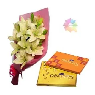 Bunch of 5 white lilies with box of 2 celebration chocolates