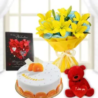 Bunch of 5 yellow asiatic lilies, 6 inch red teddybear, half kg orange cool cake, valentine greeting card 