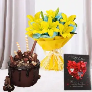 Bunch of 5 yellow lilies, Half kg chocolate explosion premium quality cake, valentine Greeting card