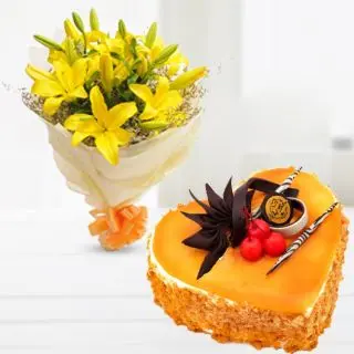 Bunch of 5 yellow lilies with mango heart shape cake 
