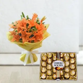 Bunch of 6 orange lilies with 24 pcs rocher ferrero chocolates  