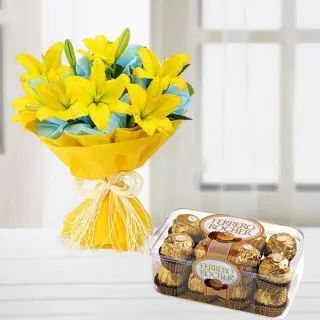 Bunch of 8 asiatic yellow lilies with box of 16 pcs rocher ferrero chocolates 