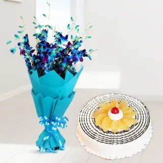Bunch of 8 blue orchids with pineapple cake 