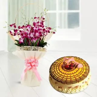 Bunch of 8 lavender orchids with butterscotch cool cake 