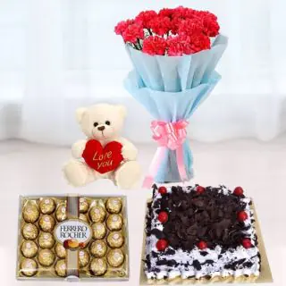 Bunch of 8 pink carnations, 24 pcs rocher ferrero chocolates, black forest square shape cake, 6 inch teddybear 