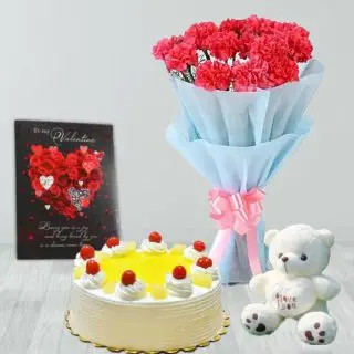 Bunch of 8 pink carnations, 6 inch white teddybear, half kg pineapple cake, valentine  greeting card 