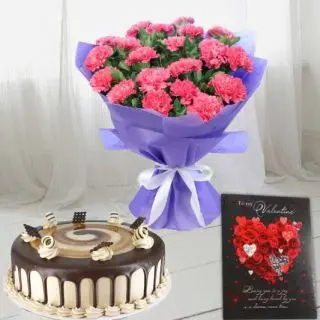 Bunch of 8 pink carnations, half kg irish coffee cake , valentine Greeting card 
