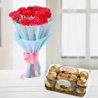 Bunch of 8 pink carnations with box of 16 pcs rocher ferrero chocolates 