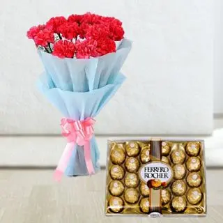 Bunch of 8 pink carnations with box of 24 pcs rocher ferrero chocolates 
