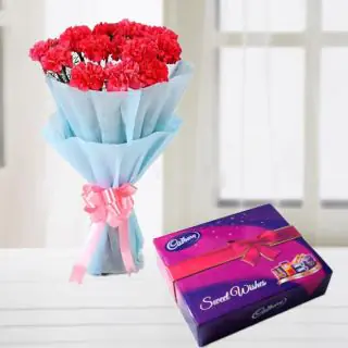 Bunch of 8 pink carnations with box of celebration chocolates 