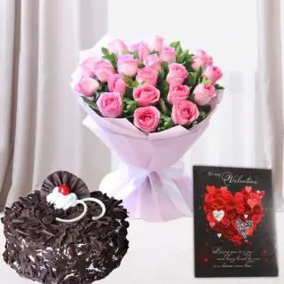 Bunch of 8 pink roses, half kg black forest cake , valentine greeting card 